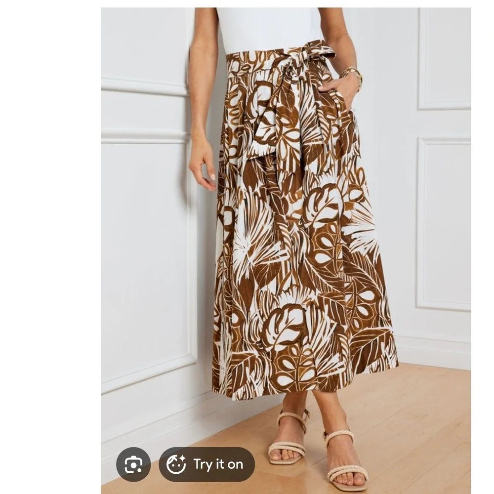 Talbots The Piper Pleated Midi Skirt Woodland Ferns Brown White Cotton Size 16